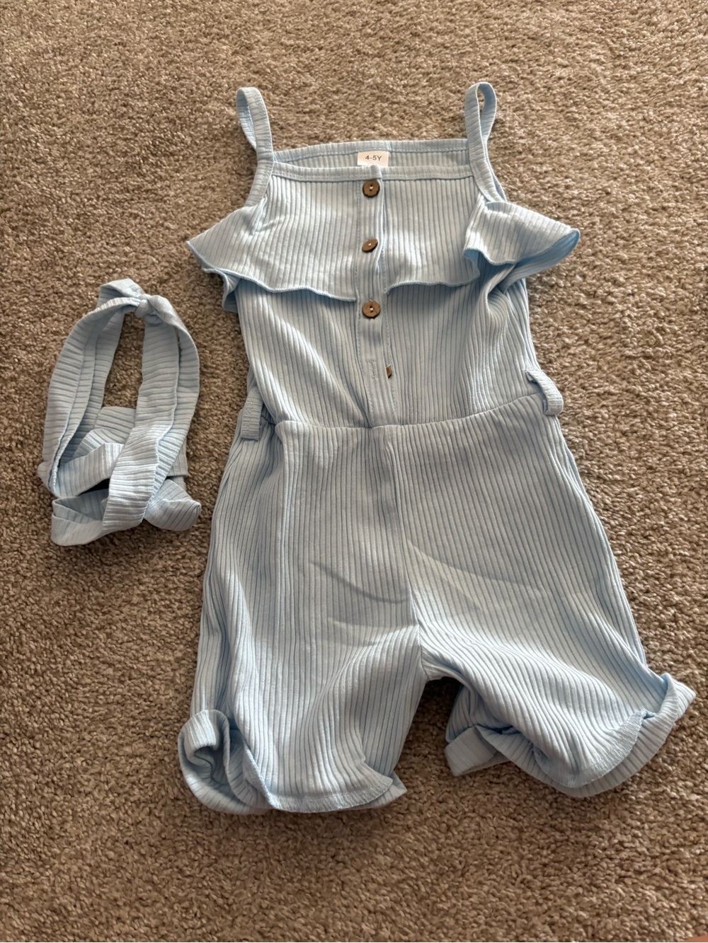Girls Light Blue Ribbed Romper with Belt, Size 4-5Y